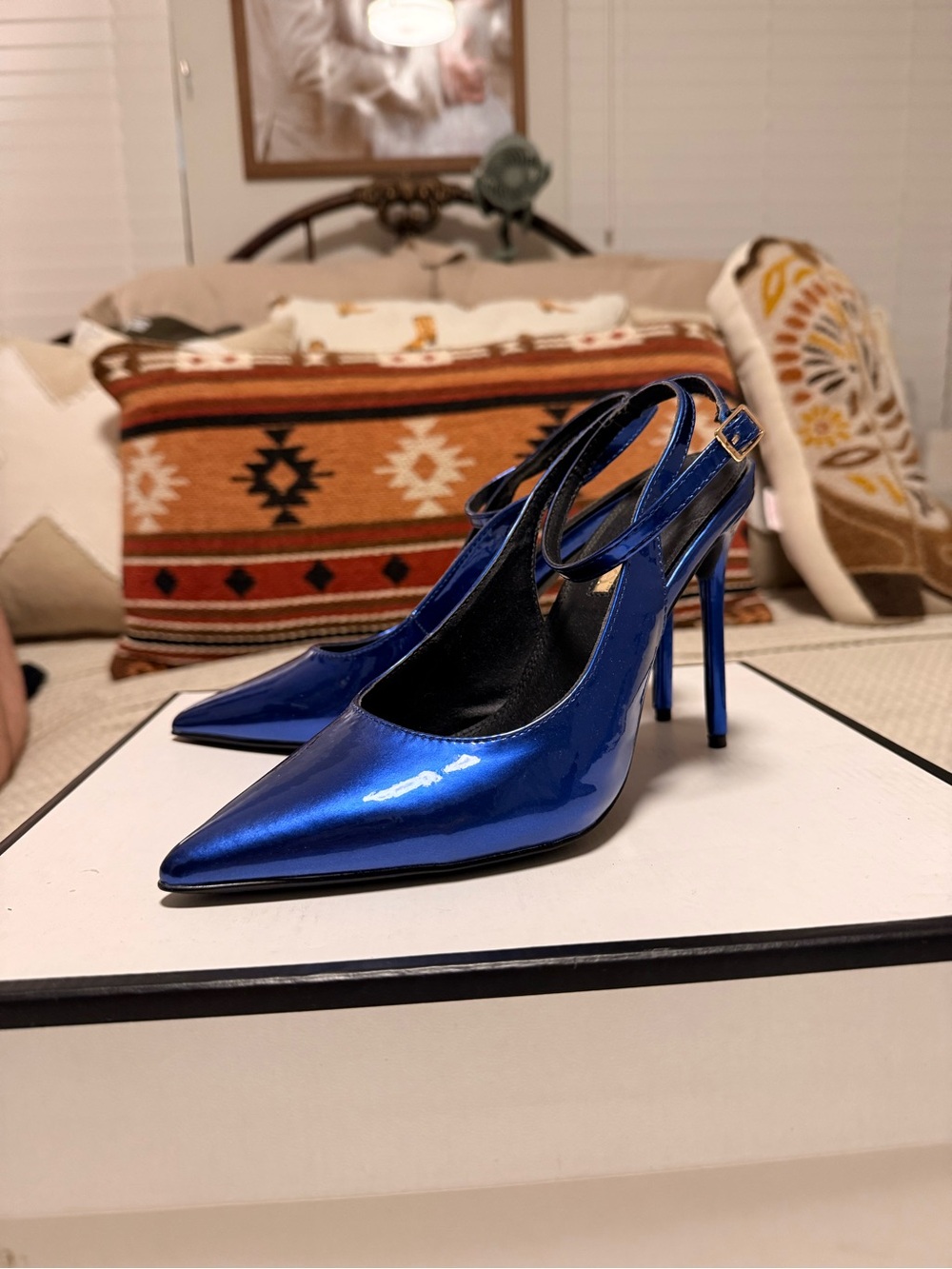 Metallic Blue Pointed-Toe Slingback Stiletto Heels